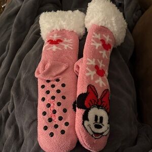 Pink Fuzzy Minnie Mouse Slipper Socks